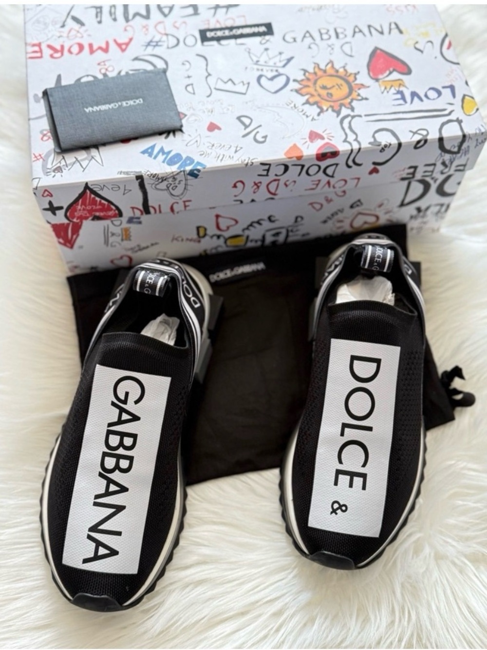 Dolce & Gabbana Black and White Logo Slip-On Sneakers